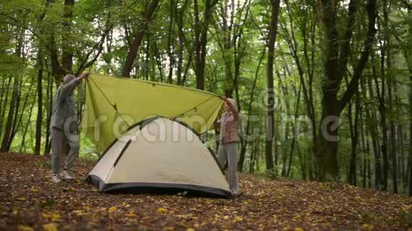 愉快的老夫妇在树林里搭帐篷视频的预览图