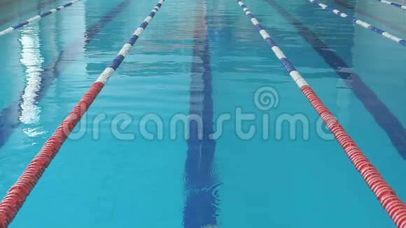 蓝水室内泳池泳蝶泳泳姿年轻女子泳镜及泳帽慢动作视频的预览图