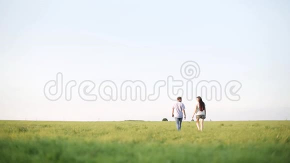 一对恩爱夫妻沿着绿草地散步视频的预览图