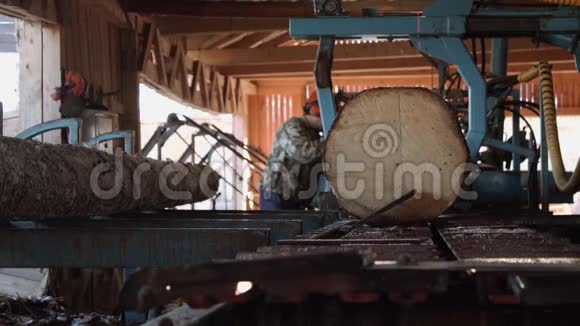 戴安全帽的木工在工业锯工作台上切割木材视频的预览图