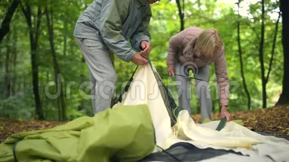 令人愉快的老夫妇在森林里一起搭帐篷视频的预览图