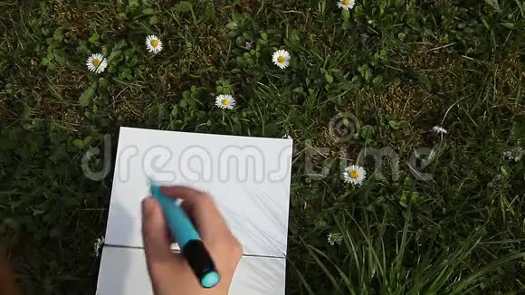 在铺着绿色春草的纸上女性手写着YES视频的预览图