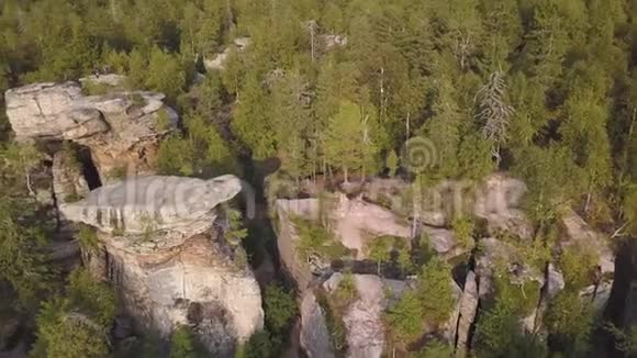 森林和岩石在秋天的空中无人机顶视图鸟瞰岩石岩石组和森林景观在爬A视频的预览图