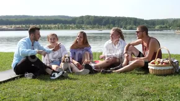 一群快乐的朋友和一只小猎犬在野餐视频的预览图