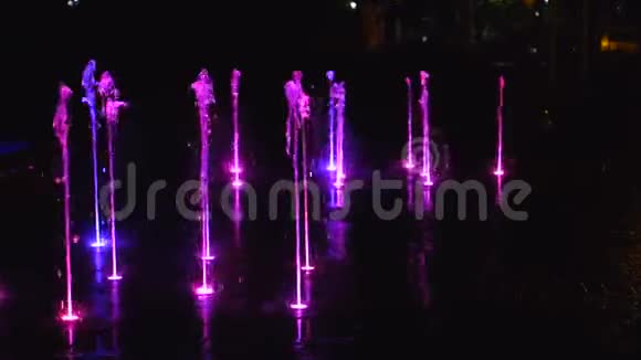 喷泉在夜晚被紫色照亮视频的预览图