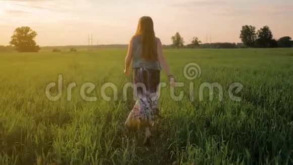 年轻的女孩带着微笑直发穿着一件长裙沿着绿色的田野奔跑夕阳西下慢动作视频的预览图