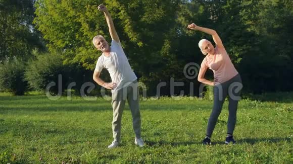 快乐的老夫妇做热身运动视频的预览图