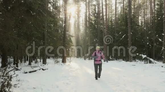 小女孩在冬天的树林里滑稽地散步视频的预览图