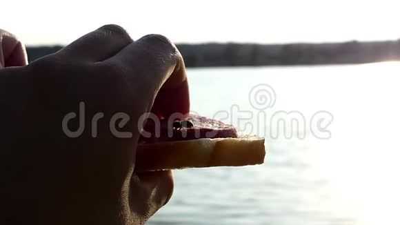 雄性手拿着一个三明治黄蜂在懒洋洋的湖边吃视频的预览图