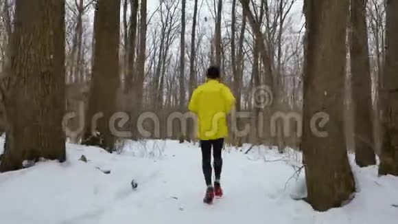 冬季寒冷天气在森林中慢跑的跑步运动员追踪镜头视频的预览图