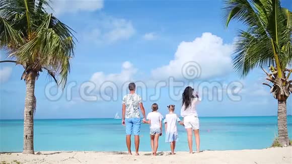 加勒比海度假海滩上四人一家的背面景色有两个孩子的父母享受加勒比海视频的预览图