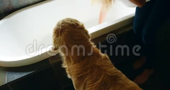 女人和她的狗坐在浴室的浴缸里视频的预览图