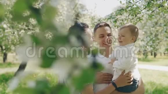 微笑的白种人父母抱着可爱的儿子在夏天的苹果树公园视频的预览图