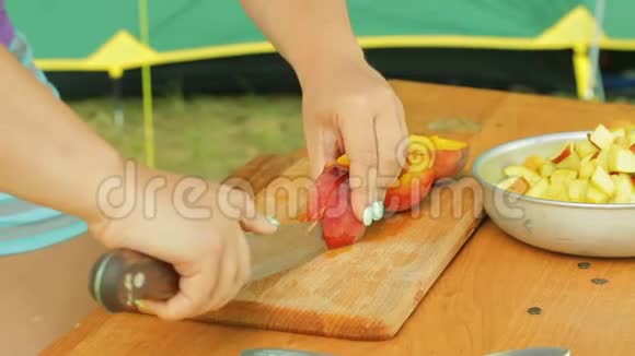 年轻女子在野餐时用刀切桃色拉视频的预览图