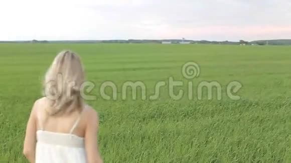一个漂亮的女人跑过田野视频的预览图