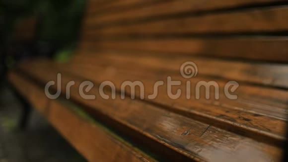 雨水滴在潮湿的木制公园长椅上视频的预览图
