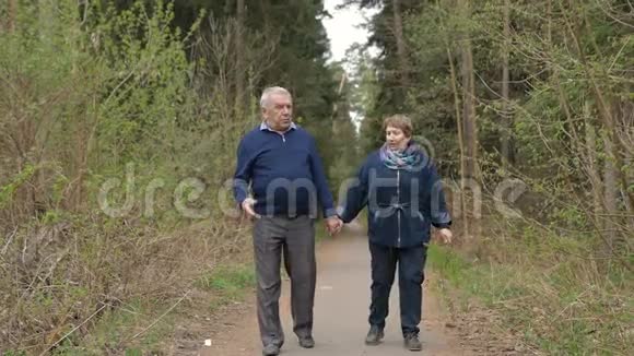 一对美丽的老年夫妇在公园里散步亲切地交谈好心情积极生活相爱牵手视频的预览图
