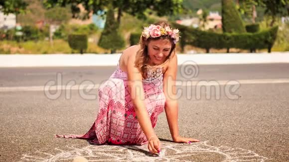 在沥青路面上用粉笔画的女孩视频的预览图