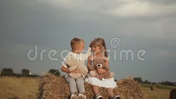 雨后快乐的孩子们坐在稻草上玩玩具熊微笑的男孩把女孩的头发拉直视频的预览图