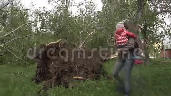 一位母亲带着一个孩子靠近风倒树视频的预览图