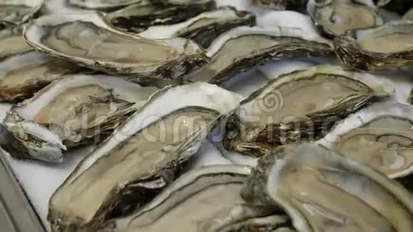 许多牡蛎躺在碎冰上发现了新鲜牡蛎烹饪餐厅摄像机移动从顶部观看视频的预览图