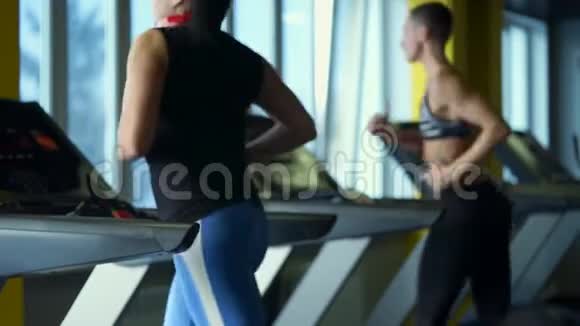 几个女人正在健身俱乐部的跑步机上积极跑步视频的预览图