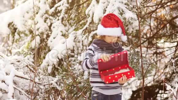 一个在白雪覆盖的森林里拿着盒子的男孩他打开盒子摇出了雪画画失望视频的预览图