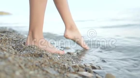 光着脚在海滩上行走的女人女孩在日落时在浅水中散步享受大自然视频的预览图