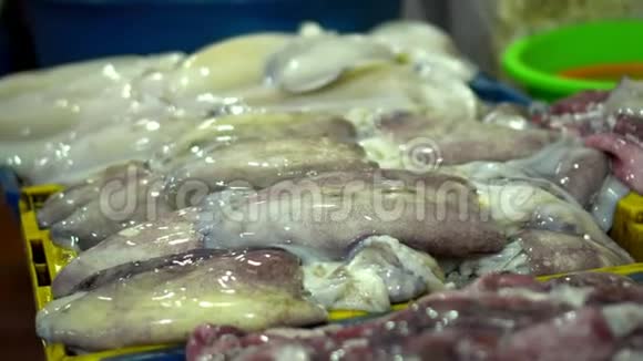 各种各样的海鲜鱿鱼在市场柜台上新鲜的鱼越南视频的预览图