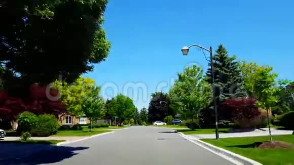 在夏日期间驾驶住宅城市道路上的树木沿着美丽的阳光郊区道路的司机视角视频的预览图