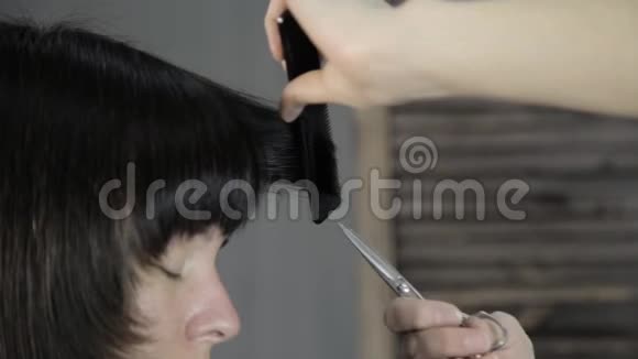 发型师在美容院给一个年轻女人剪头发给一个女孩做发型视频的预览图