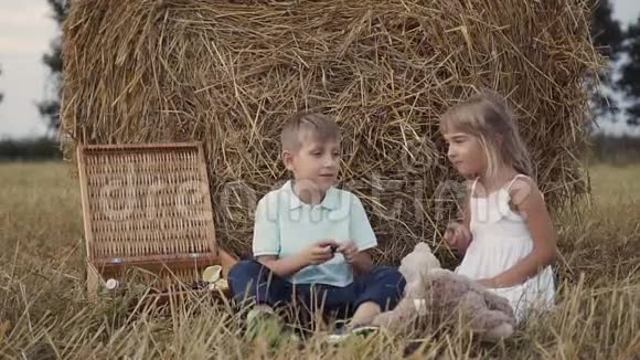 田野里有捆草幸运的孩子在田里吃葡萄日落视频的预览图