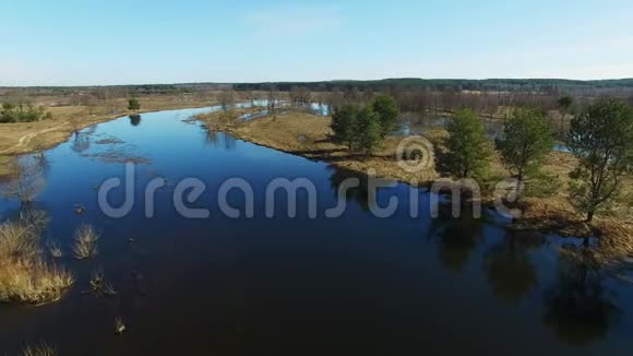 4K早春低飞和飞越被洪水淹没的蓝色河流空中全景视频的预览图