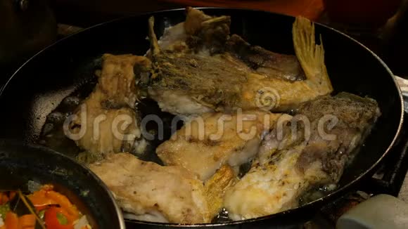 河鱼鲤鱼切成块是在锅里炒的食用油特写镜头视频的预览图