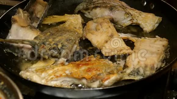 河鱼鲤鱼切成块是在锅里炒的食用油特写镜头视频的预览图