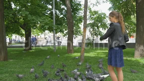 一个悲伤的漂亮女孩在公园里喂鸽子慢动作视频的预览图