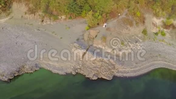 新娘和新郎在一条美丽的陡峭河岸上的空中摄影在一条宽阔的河流附近有松树视频的预览图