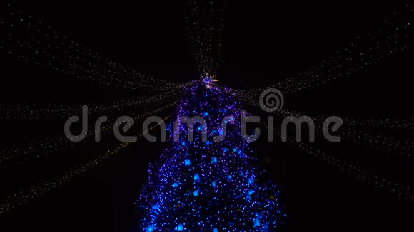 巨大的圣诞树在夜晚发光花环上的圣诞树圣诞节假期视频的预览图