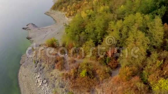 新娘和新郎在一条美丽的陡峭河岸上的空中摄影在一条宽阔的河流附近有松树视频的预览图