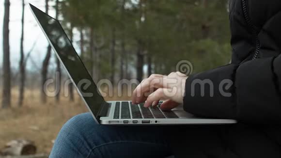 秋天森林里的女孩用笔记本电脑工作在键盘上输入文本视频的预览图