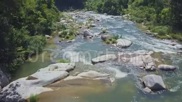 在河面上的飞盘移动围绕着岩石对抗丛林视频的预览图