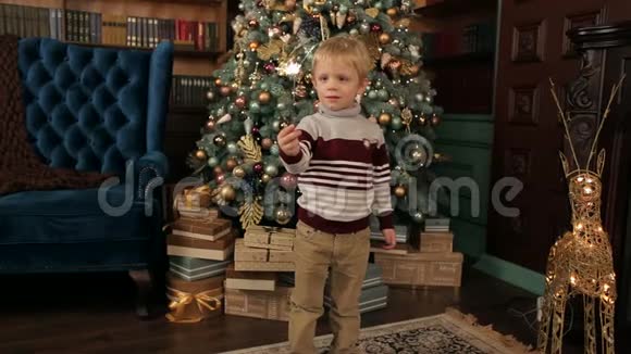 一个小男孩在圣诞树附近有一个小星星视频的预览图