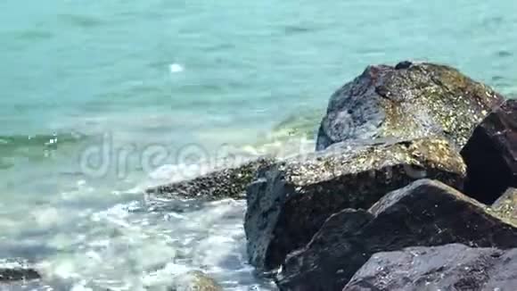 海水波浪和岸上的大石头蓝色和透明的水在海洋岩石海滩背景岩石上的海浪视频的预览图