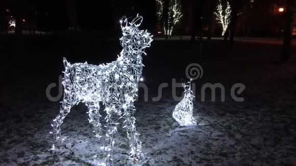 晚上孩子们在一个冬天的公园里散步靠近发光的动物身影兔子和鹿是由LED灯泡组成的花环视频的预览图