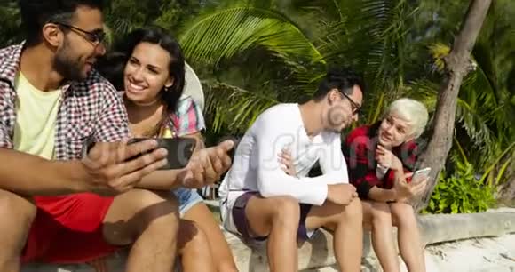 利用手机智能手机进行群体交流在线交谈坐在棕榈树下户外视频的预览图