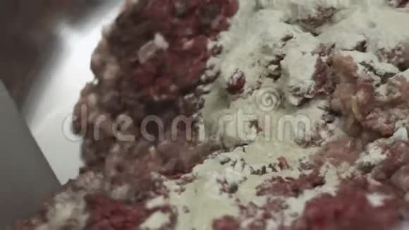 肉类工厂将生肉和香料放入锅中加入饺子视频的预览图