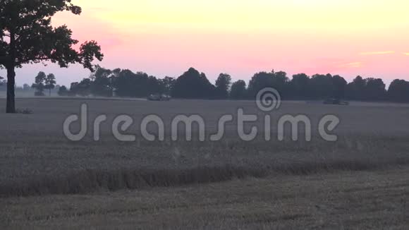 重型农业机器结合在秋天的日落时在田间工作4K视频的预览图