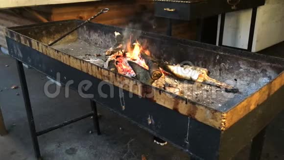 在会说话的烤架上烧柴火手拿燃烧的柴火视频的预览图