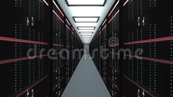 数据中心网络和互联网电信技术数据存储和云的大型服务器机房内部视频的预览图