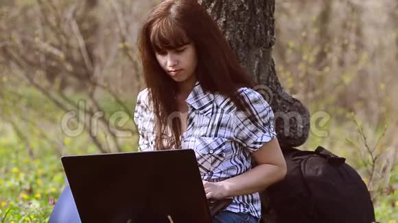学生女孩坐在草地上在公园里用笔记本电脑工作视频的预览图